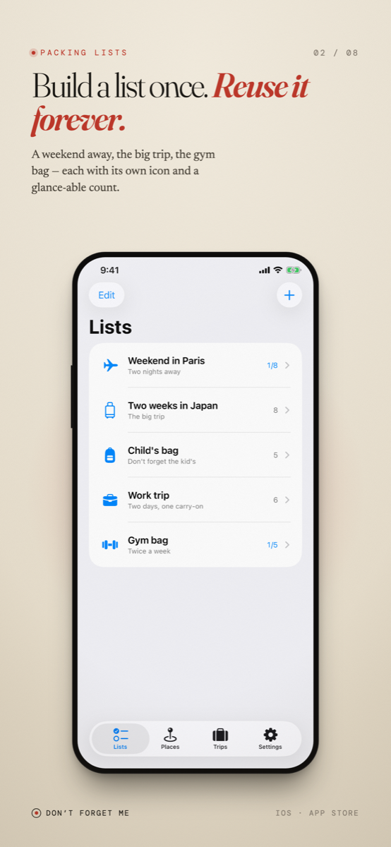 Packing lists — build a list once, reuse it forever